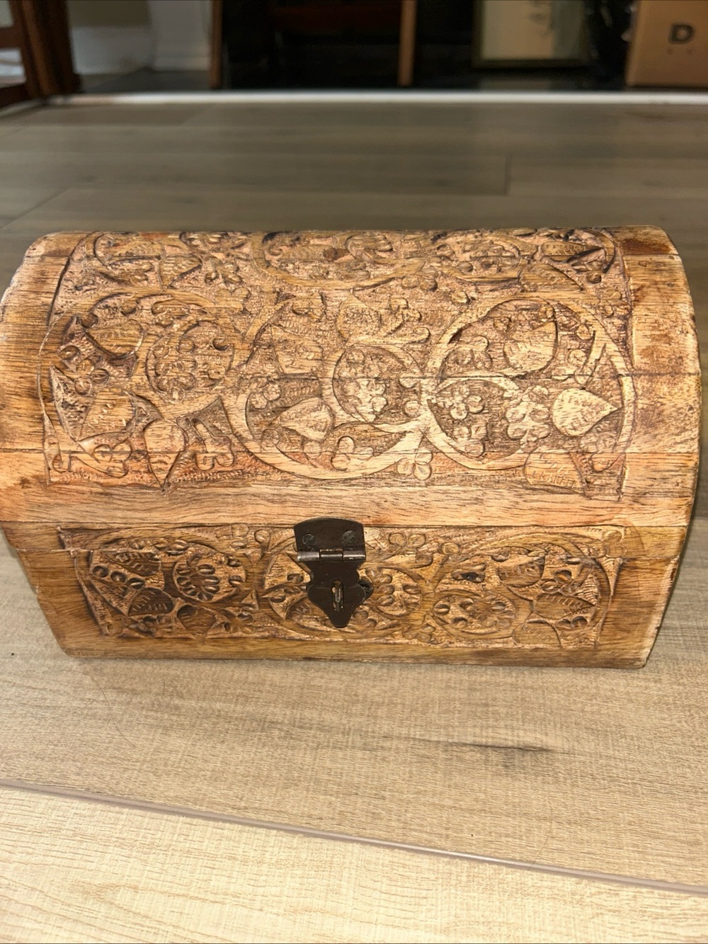 Hand Carved Jewelry Box Treasure Chest Keepsake Ornate Boho Artisan Mango Wood